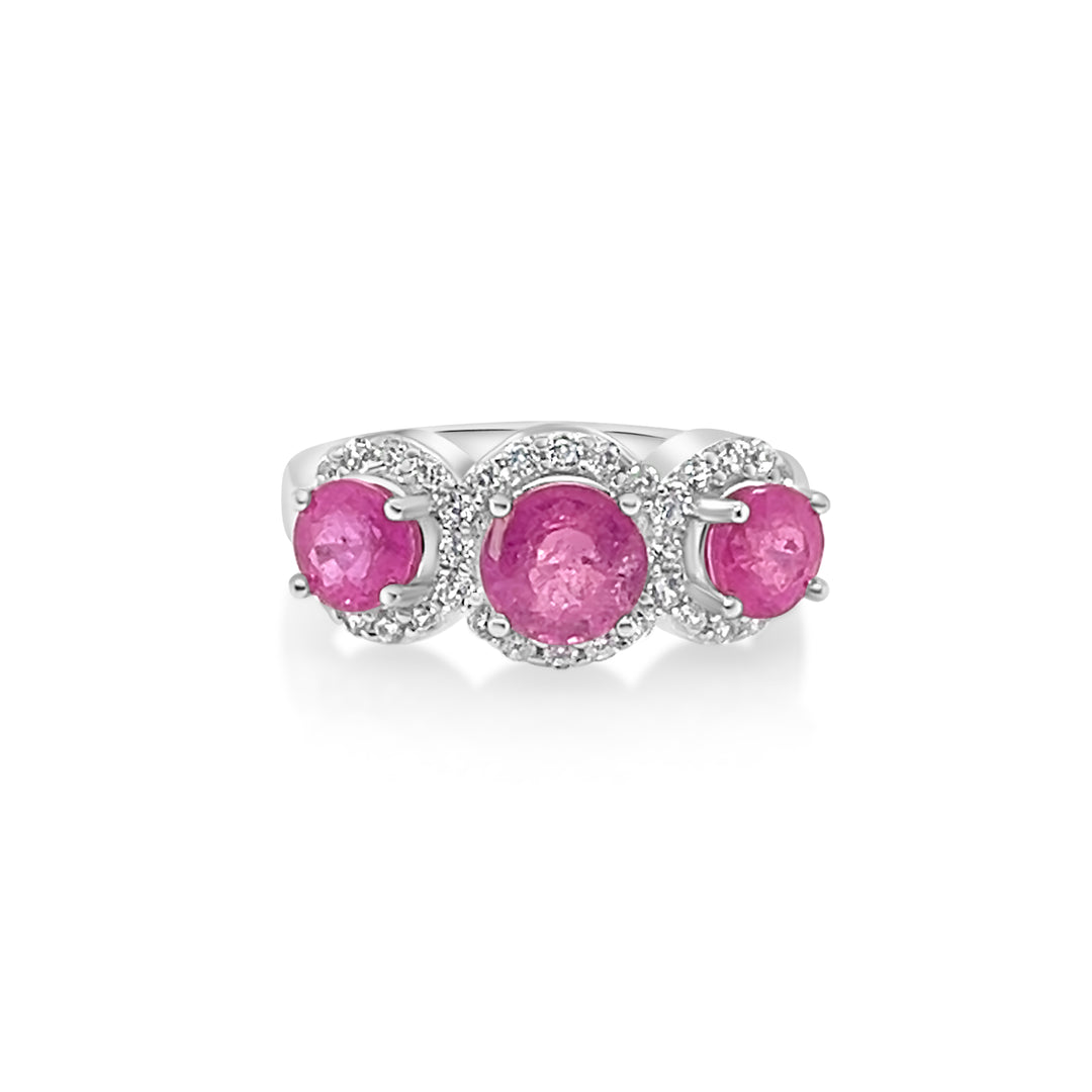 2.95 Cts Pink Sapphire and White Zircon 3 Stone Ring in 925 Sterling Silver