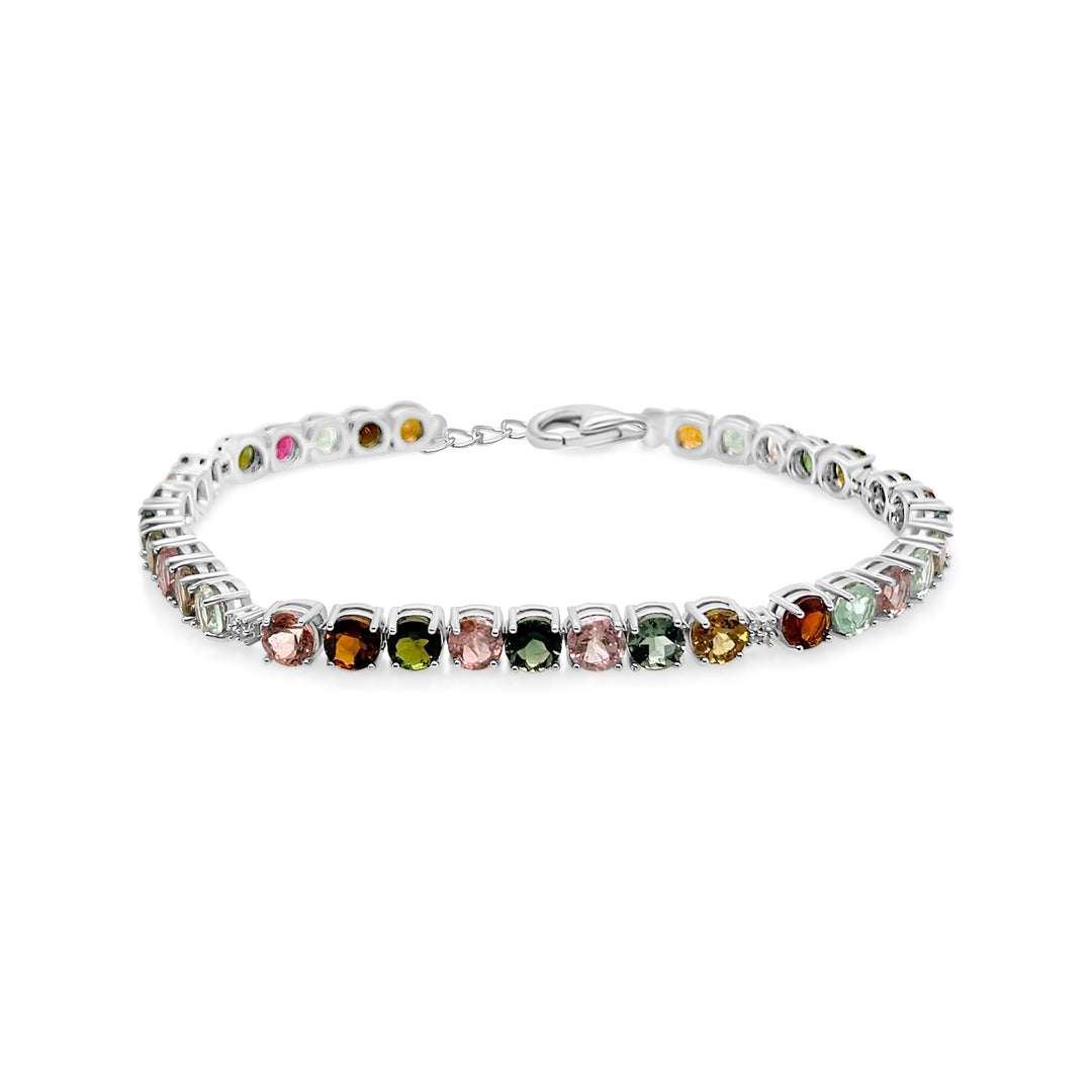 12.26 Cts Multi Tourmaline and White Zircon Tennis Bracelet in 925 Sterling Silver