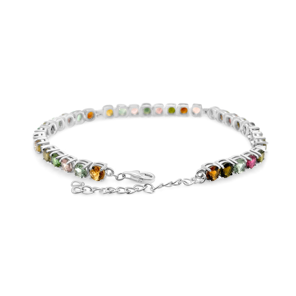 12.26 Cts Multi Tourmaline and White Zircon Tennis Bracelet in 925 Sterling Silver