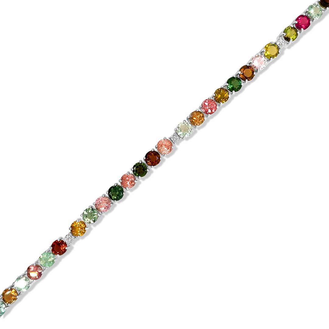 12.26 Cts Multi Tourmaline and White Zircon Tennis Bracelet in 925 Sterling Silver