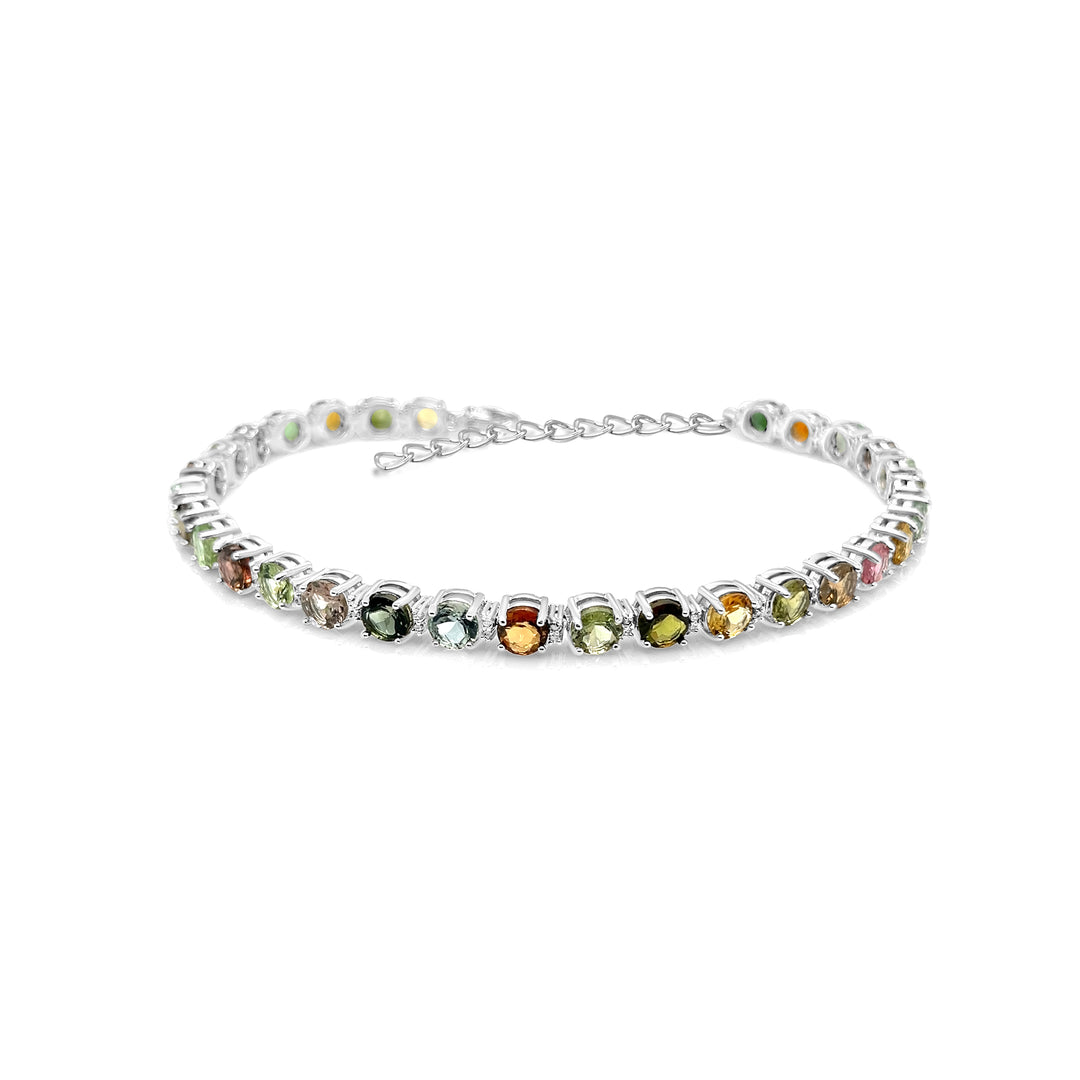 10.82 Cts Multi Tourmaline and White Zircon Tennis Bracelet in 925 Sterling Silver