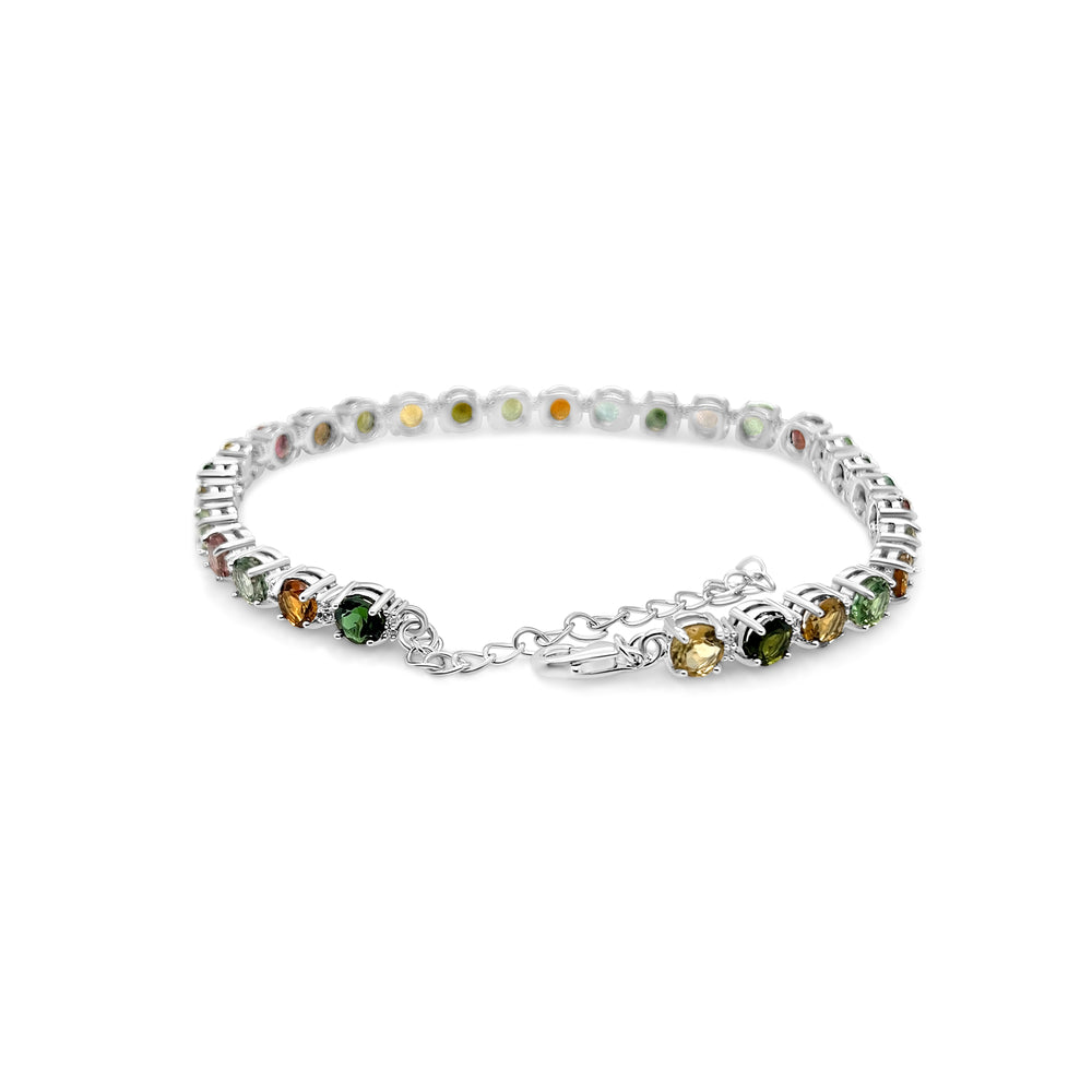 10.82 Cts Multi Tourmaline and White Zircon Tennis Bracelet in 925 Sterling Silver