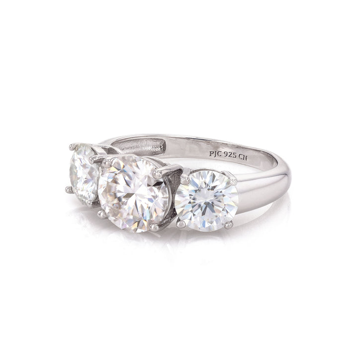 4 DEW White Moissanite 3 Stone Ring in Platinum Plated 925 Silver