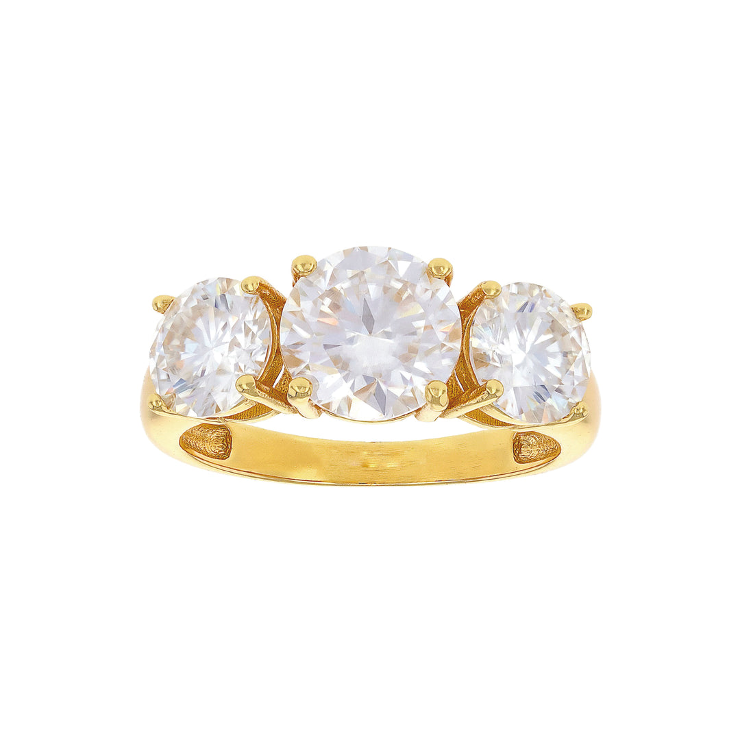 4 DEW White Moissanite 3 Stone Ring in Yellow Gold Plated 925 Silver