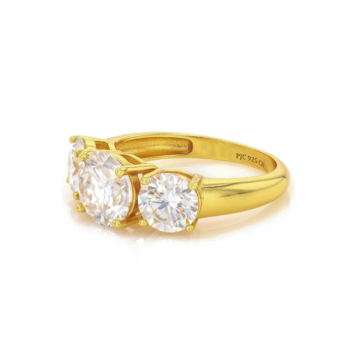 4 DEW White Moissanite 3 Stone Ring in Yellow Gold Plated 925 Silver