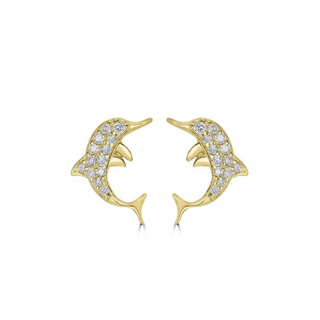 0.14 Cts White Diamond DOLPHIN Earring in 14K Yellow Gold