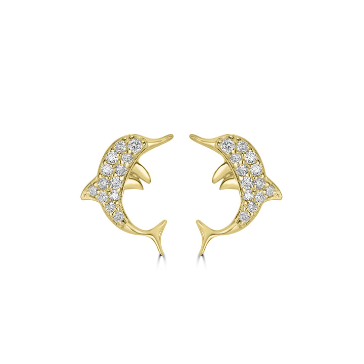 0.14 Cts White Diamond DOLPHIN Earring in 14K Yellow Gold