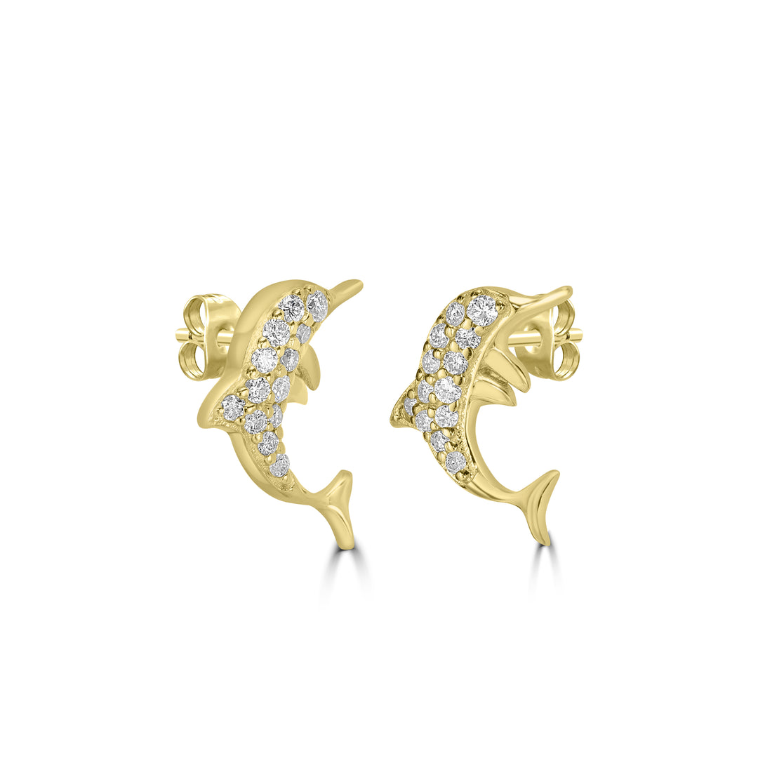0.14 Cts White Diamond DOLPHIN Earring in 14K Yellow Gold