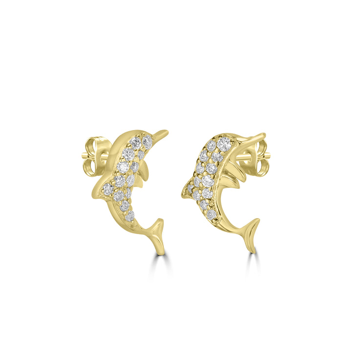 0.14 Cts White Diamond DOLPHIN Earring in 14K Yellow Gold