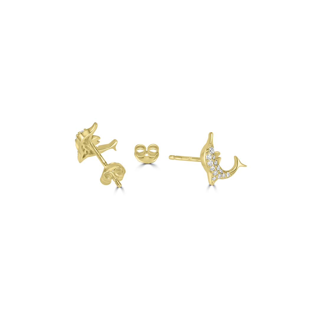 0.14 Cts White Diamond DOLPHIN Earring in 14K Yellow Gold