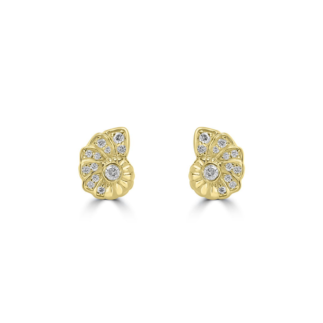 0.21 Cts White Diamond SHELL Earring in 14K Yellow Gold