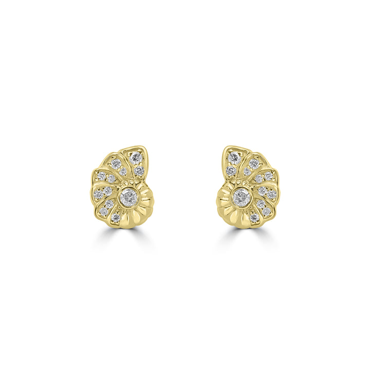 0.21 Cts White Diamond SHELL Earring in 14K Yellow Gold