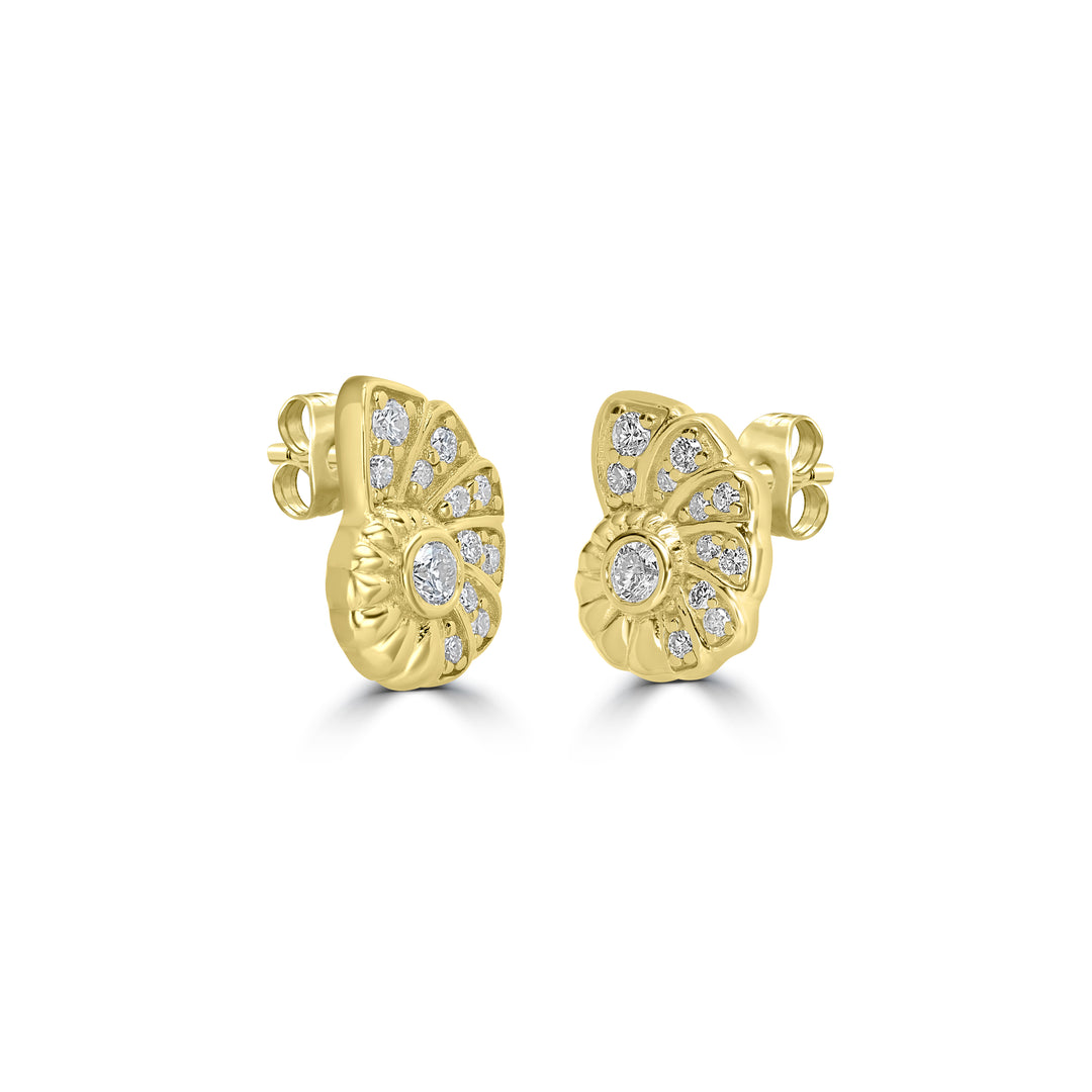 0.21 Cts White Diamond SHELL Earring in 14K Yellow Gold