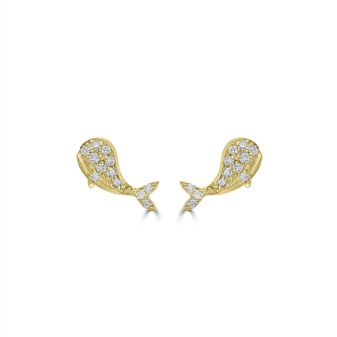 0.12 Cts White Diamond WHALE Earring in 14K Yellow Gold