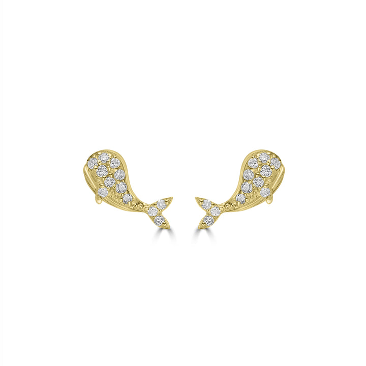 0.12 Cts White Diamond WHALE Earring in 14K Yellow Gold