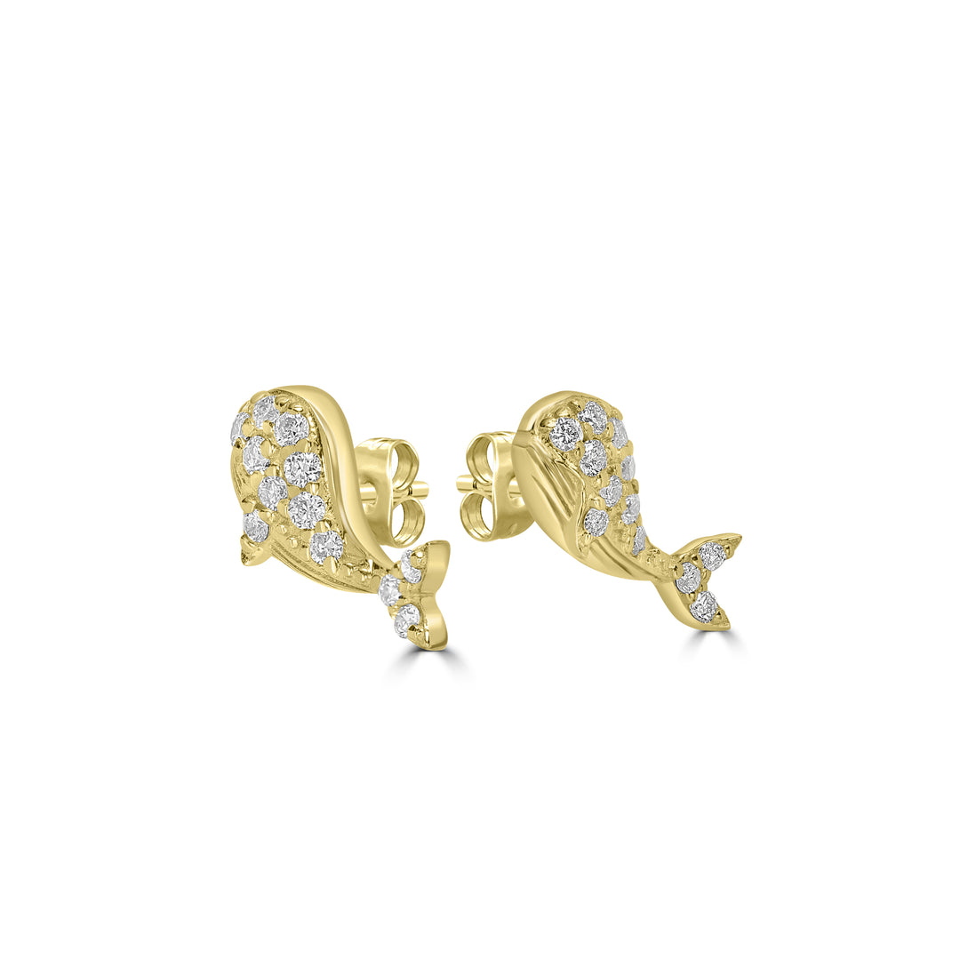 0.12 Cts White Diamond WHALE Earring in 14K Yellow Gold