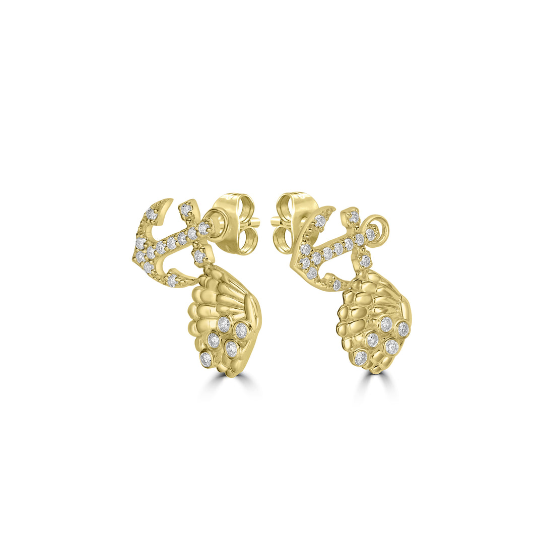 0.47 Cts White Diamond ANCHOR SHELL Earring in 14K Yellow Gold