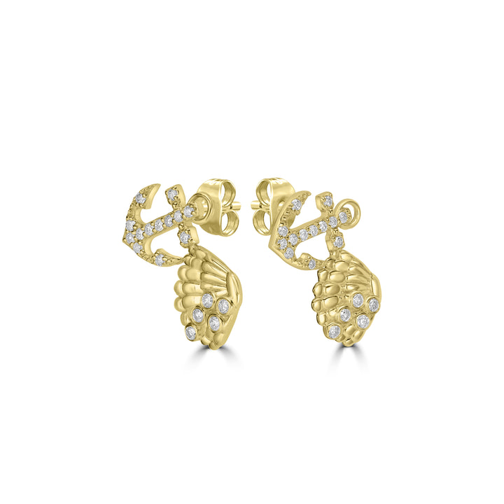 0.47 Cts White Diamond ANCHOR SHELL Earring in 14K Yellow Gold