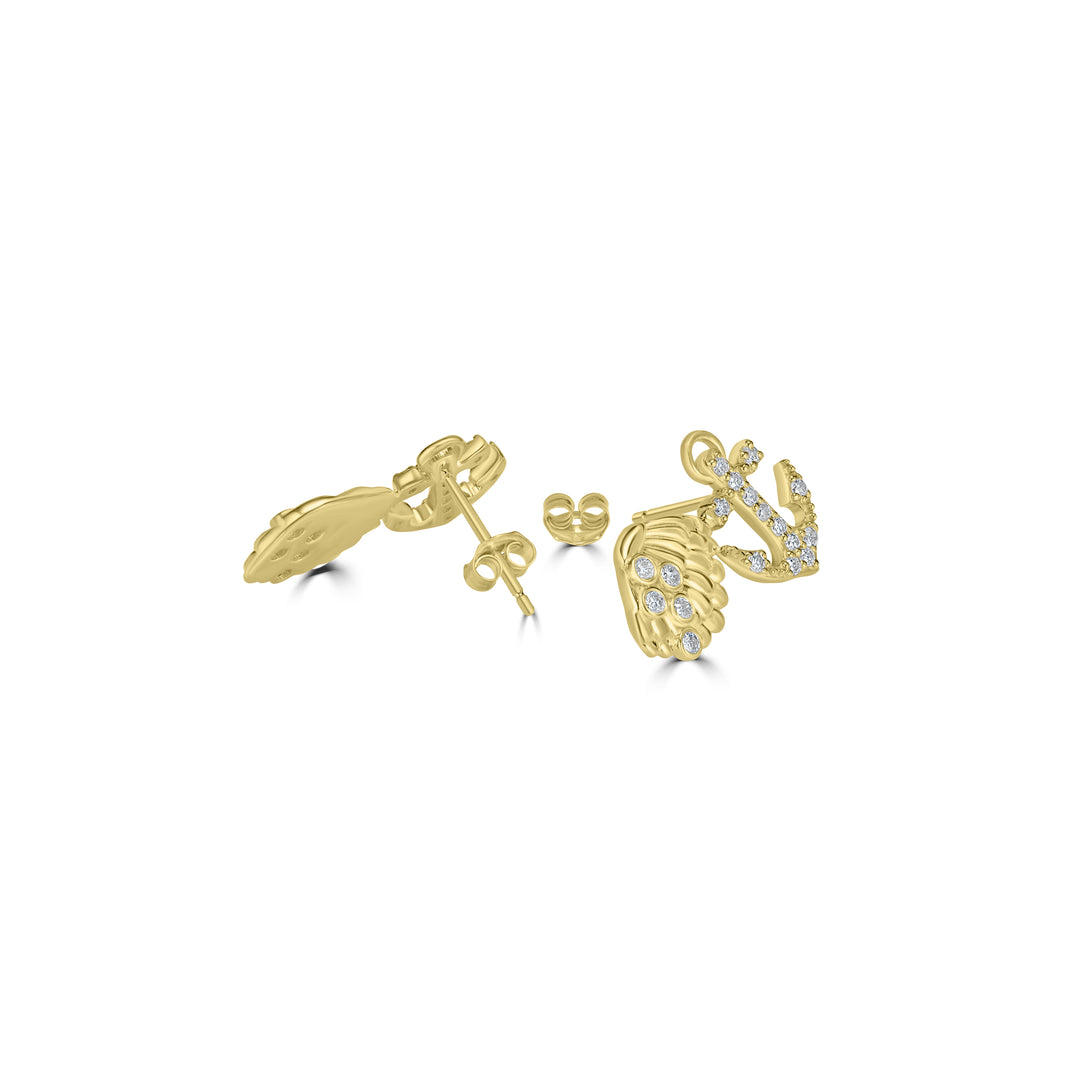 0.47 Cts White Diamond ANCHOR SHELL Earring in 14K Yellow Gold