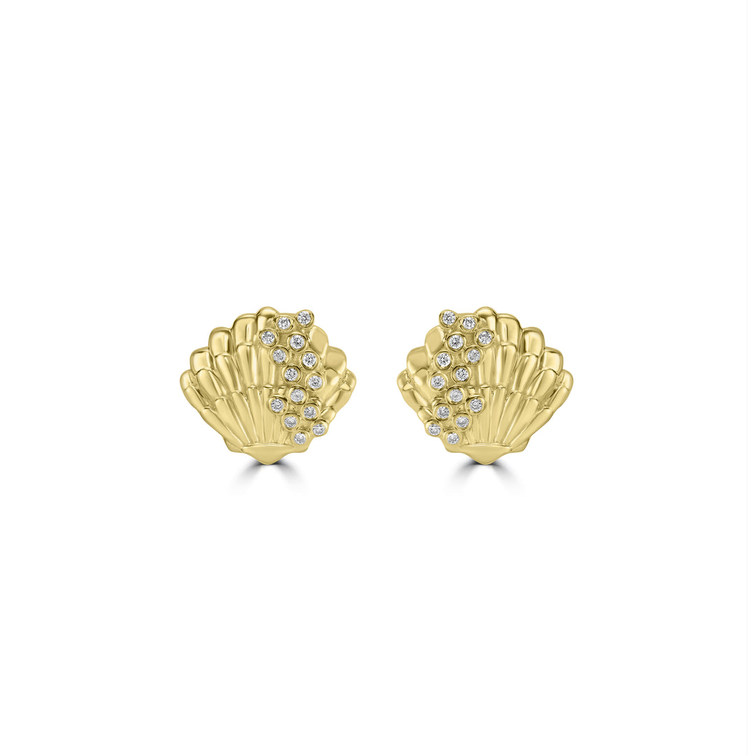 0.15 Cts White Diamond SEASHELL Earring in 14K Yellow Gold
