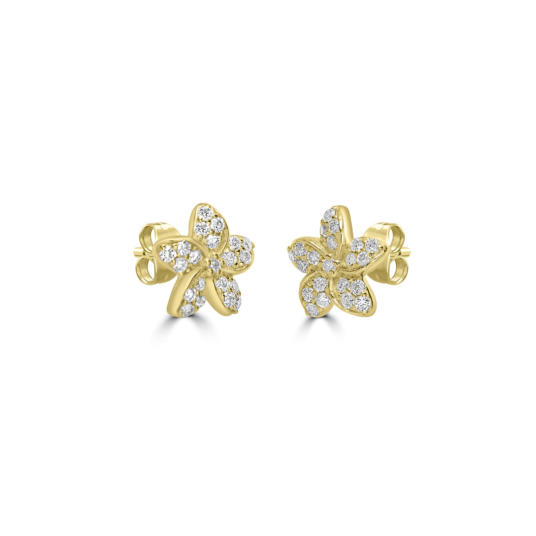 0.17 Cts White Diamond PLUMERIA FLOWER Earring in 14K Yellow Gold