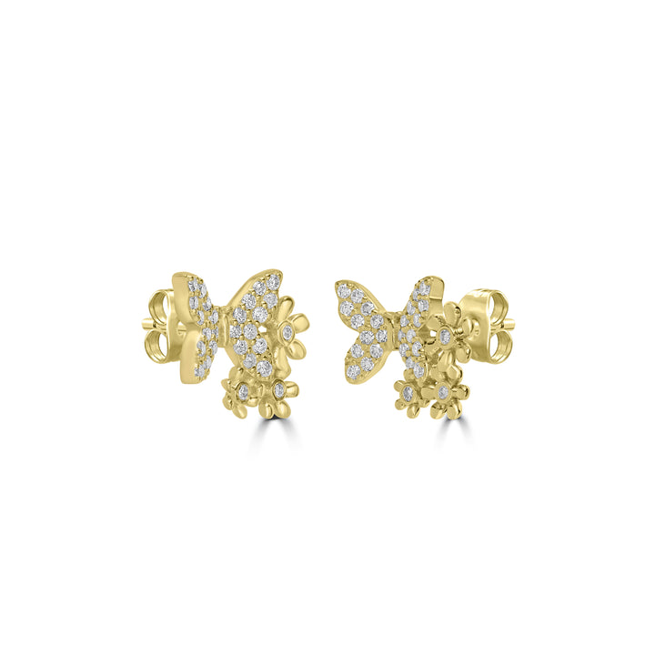 0.31 Cts White Diamond BUTTERFLY AND FLOWERS Earring in 14K Yellow Gold