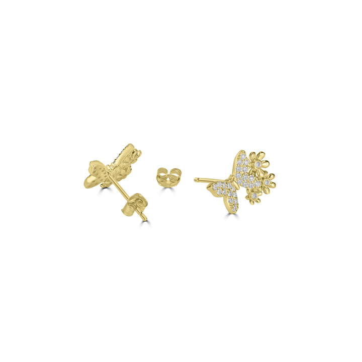0.31 Cts White Diamond BUTTERFLY AND FLOWERS Earring in 14K Yellow Gold