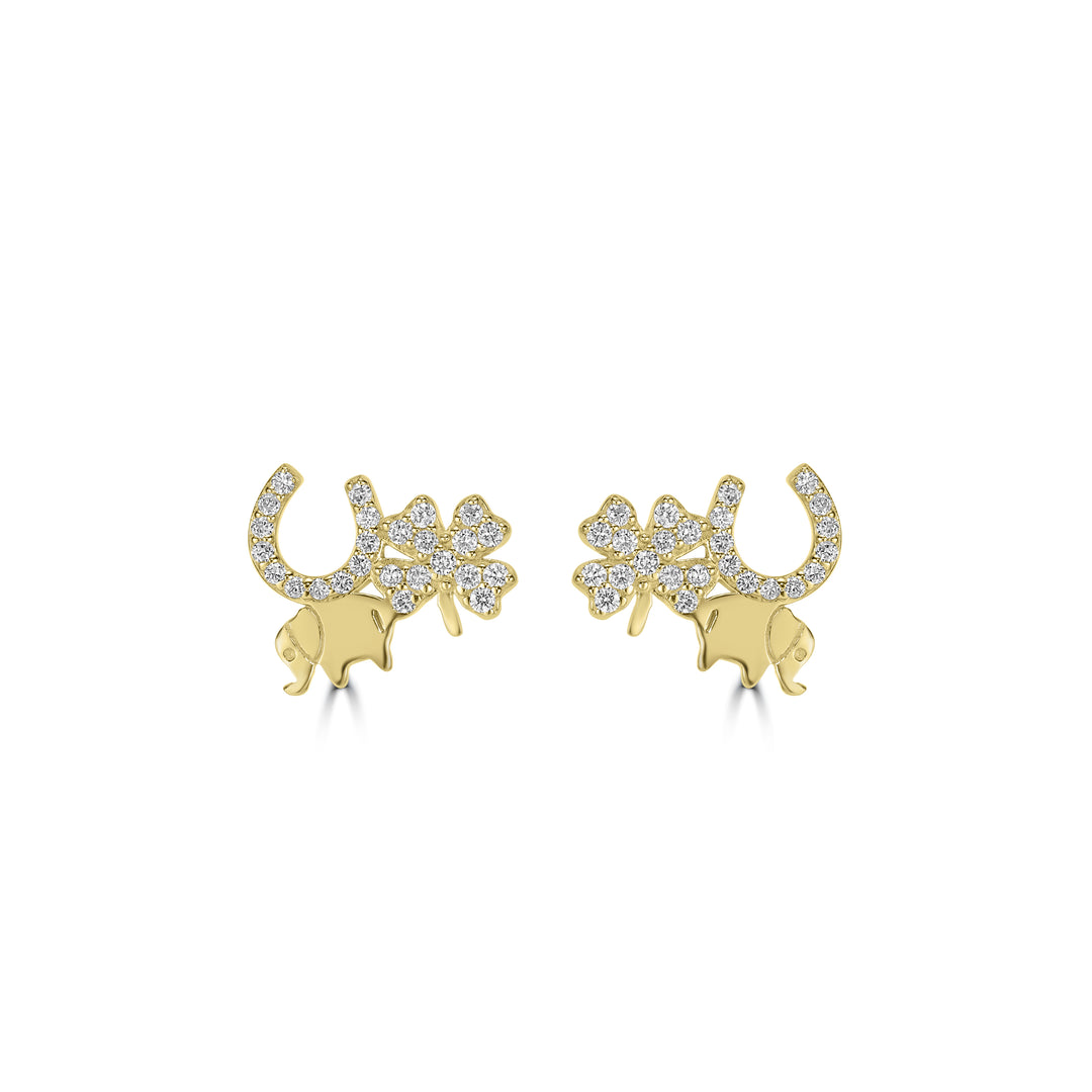 0.23 Cts White Diamond ELEPHANT CLOVER Earring in 14K Yellow Gold