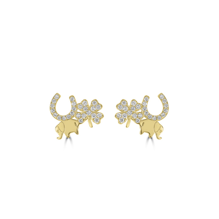 0.23 Cts White Diamond ELEPHANT CLOVER Earring in 14K Yellow Gold