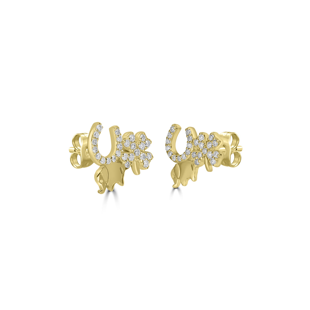 0.23 Cts White Diamond ELEPHANT CLOVER Earring in 14K Yellow Gold