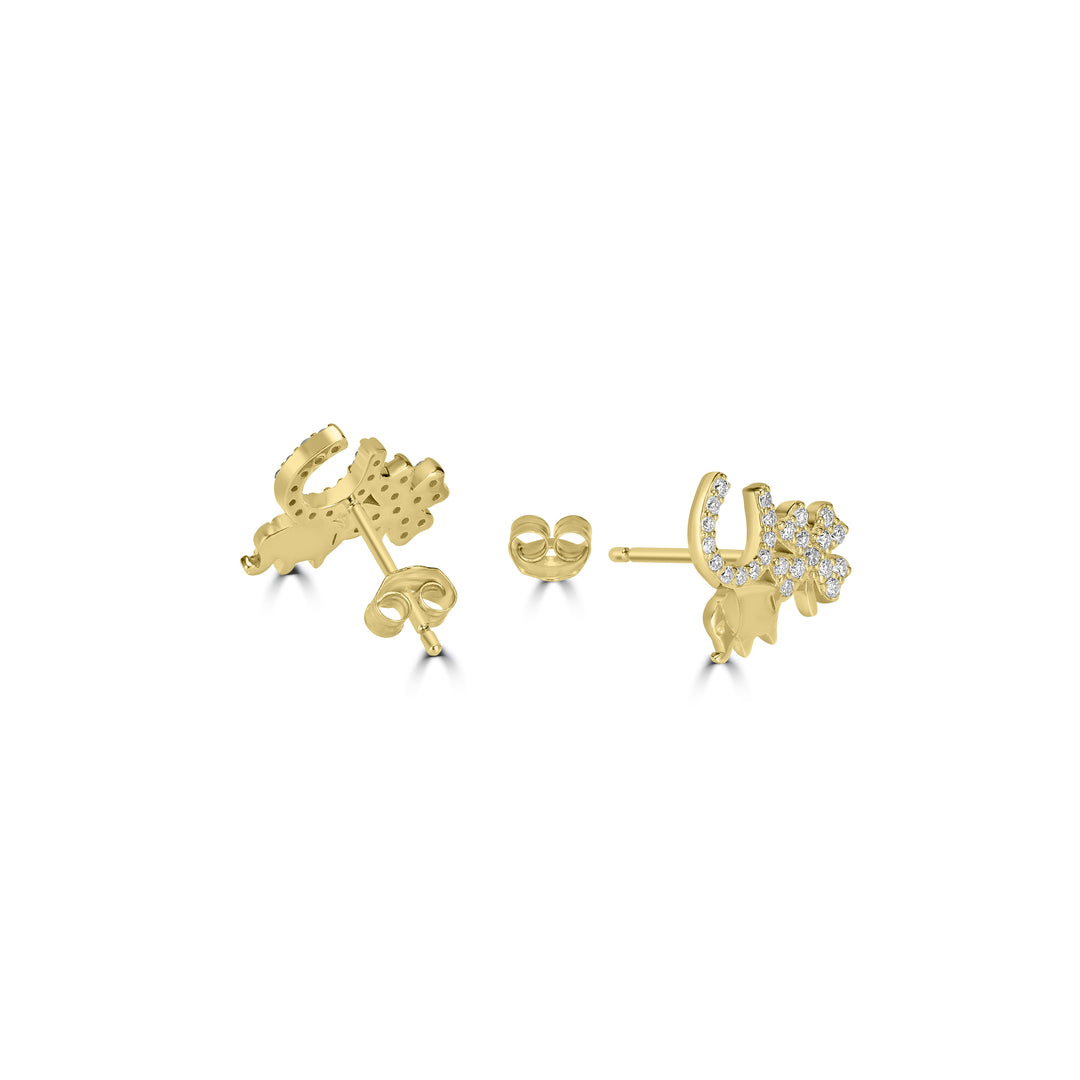 0.23 Cts White Diamond ELEPHANT CLOVER Earring in 14K Yellow Gold