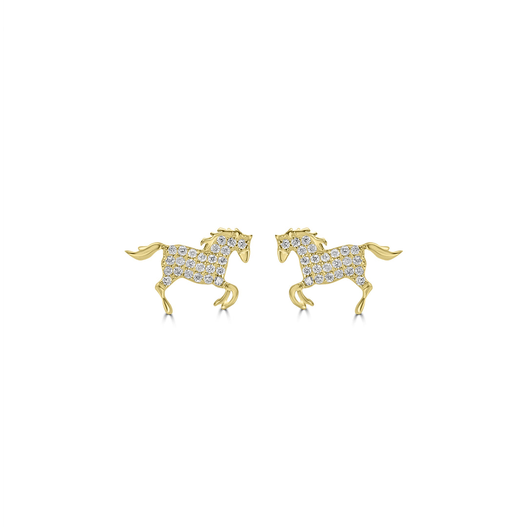 0.20 Cts White Diamond HORSE Earring in 14K Yellow Gold