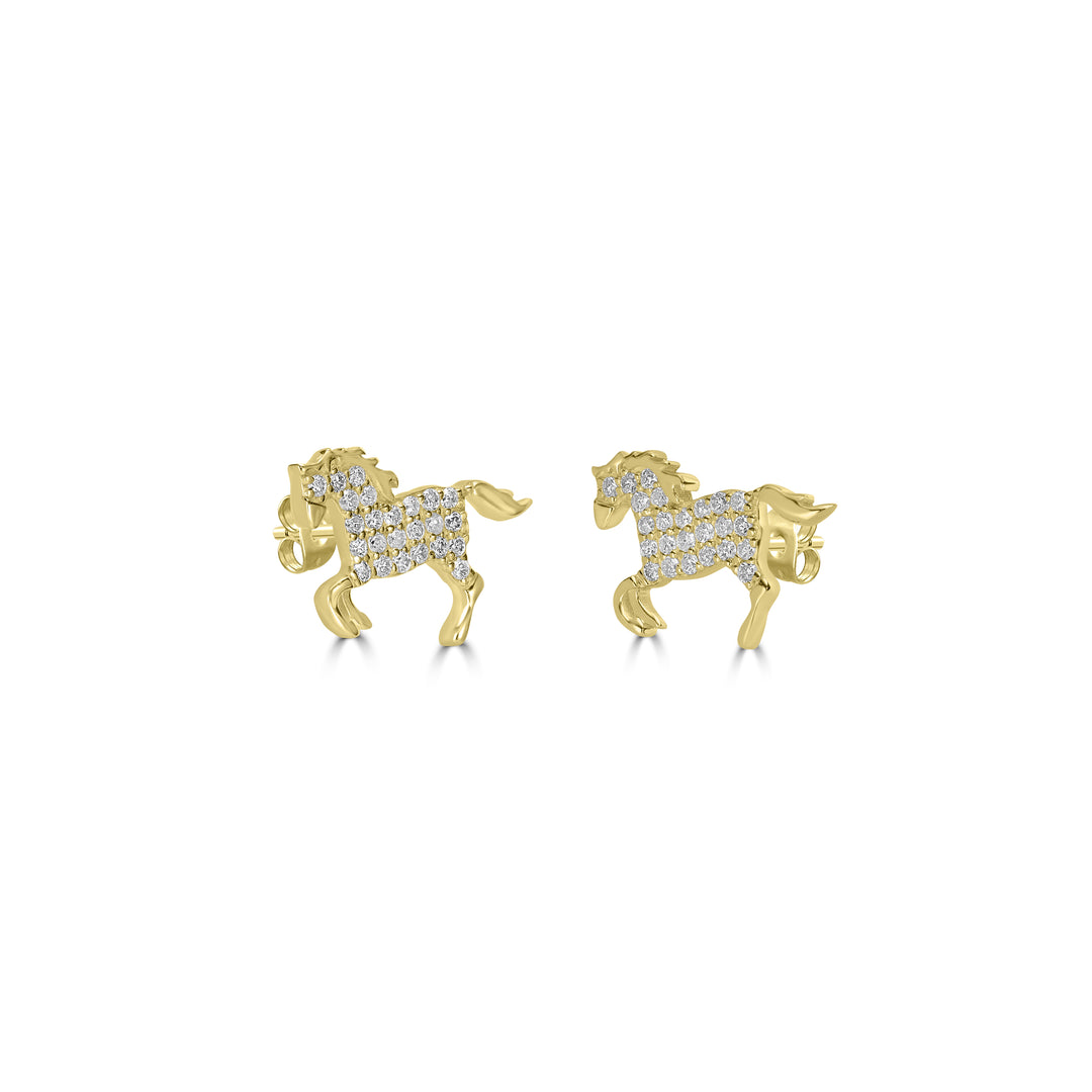 0.20 Cts White Diamond HORSE Earring in 14K Yellow Gold