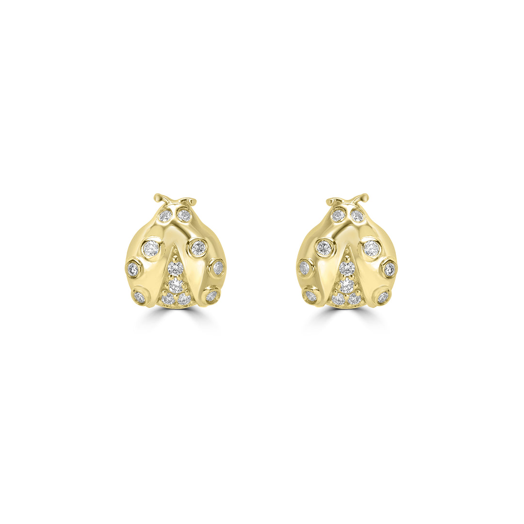 0.11 Cts White Diamond LADYBUG Earring in 14K Yellow Gold