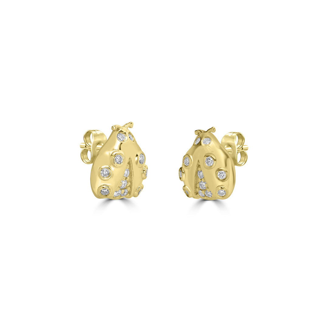 0.11 Cts White Diamond LADYBUG Earring in 14K Yellow Gold