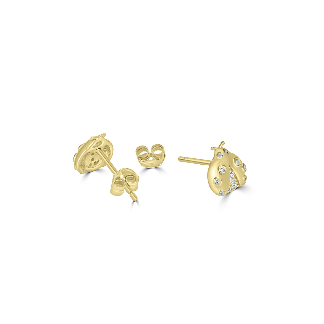 0.11 Cts White Diamond LADYBUG Earring in 14K Yellow Gold