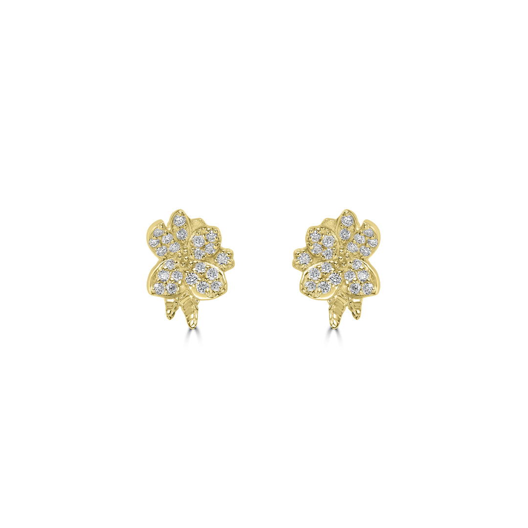 0.19 Cts White Diamond FLOWER +LEAF Earring in 14K Yellow Gold
