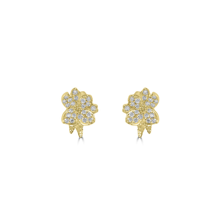0.19 Cts White Diamond FLOWER +LEAF Earring in 14K Yellow Gold