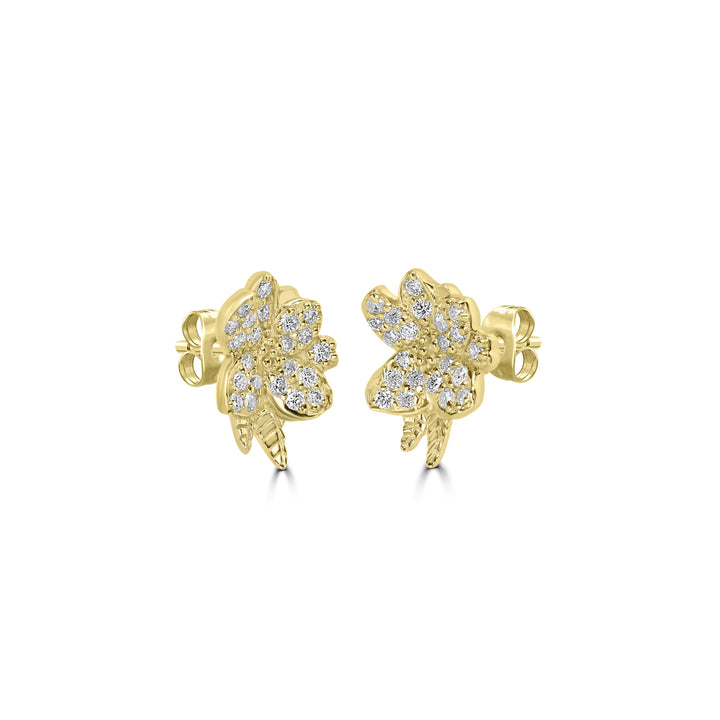0.19 Cts White Diamond FLOWER +LEAF Earring in 14K Yellow Gold