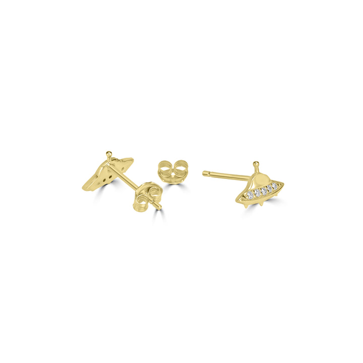 0.07 Cts White Diamond UFO Earring in 14K Yellow Gold