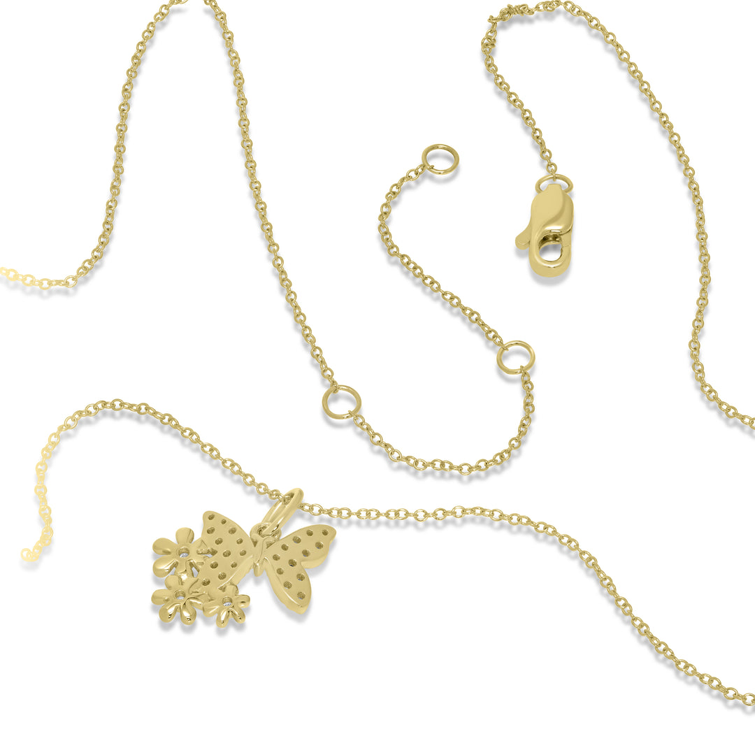 0.16 Cts White Diamond BUTTERFLY AND FLOWERS Pendant in 14K Yellow Gold