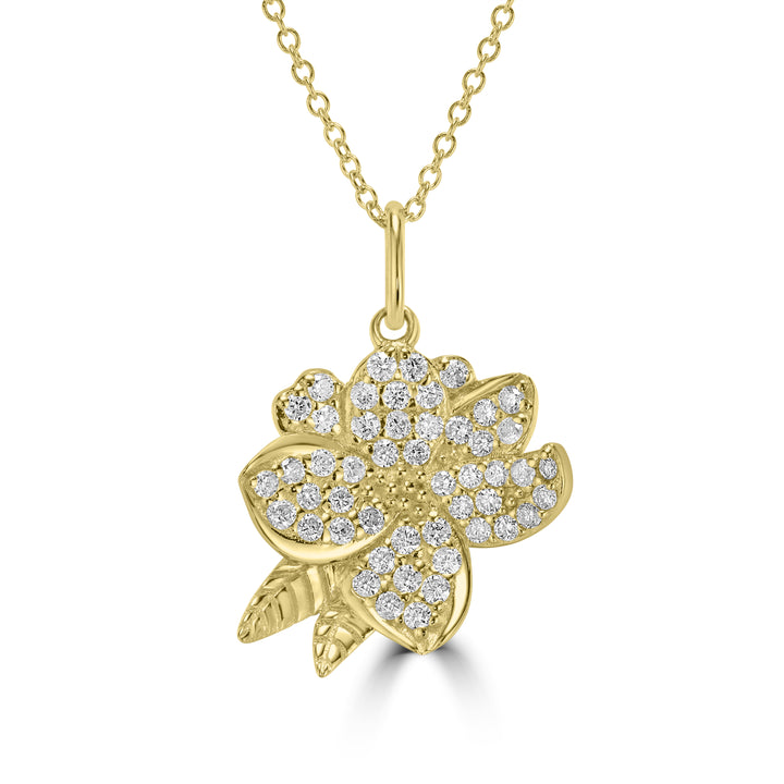 0.30 Cts White Diamond FLOWER LEAF Pendant in 14K Yellow Gold