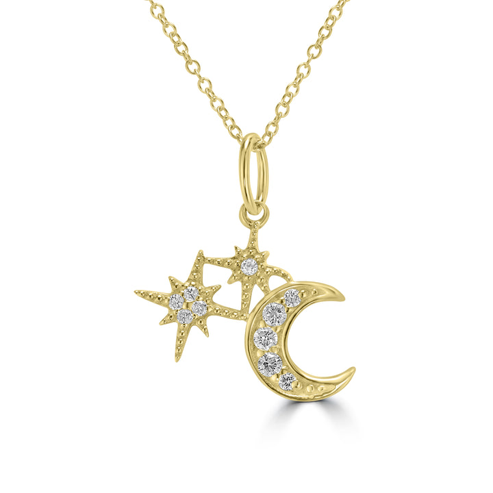 0.09 Cts White Diamond MOON STARS Pendant in 14K Yellow Gold