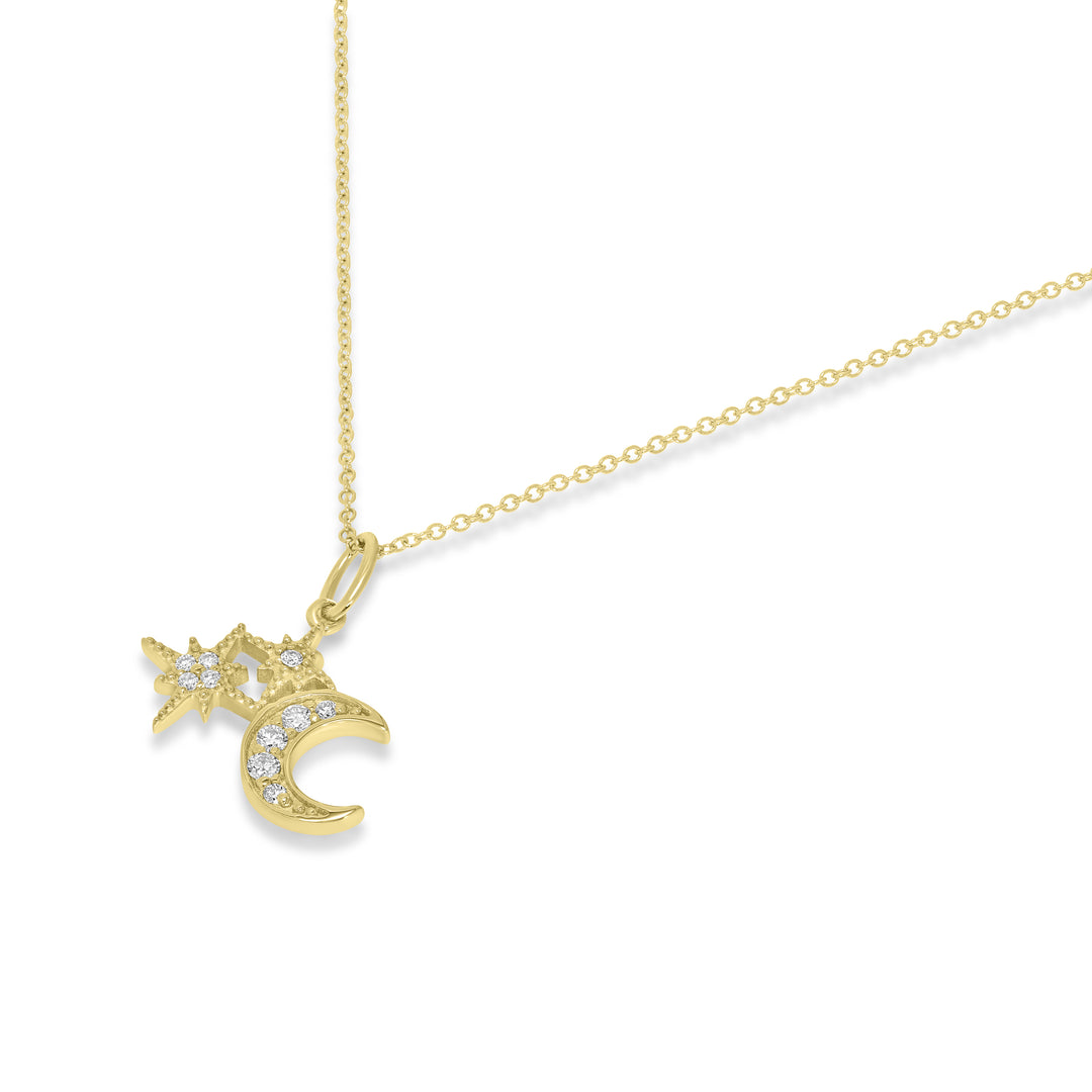 0.09 Cts White Diamond MOON STARS Pendant in 14K Yellow Gold
