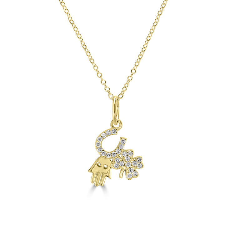 0.10 Cts White Diamond HORSESHOE CLOVER PALM Pendant in 14K Yellow Gold