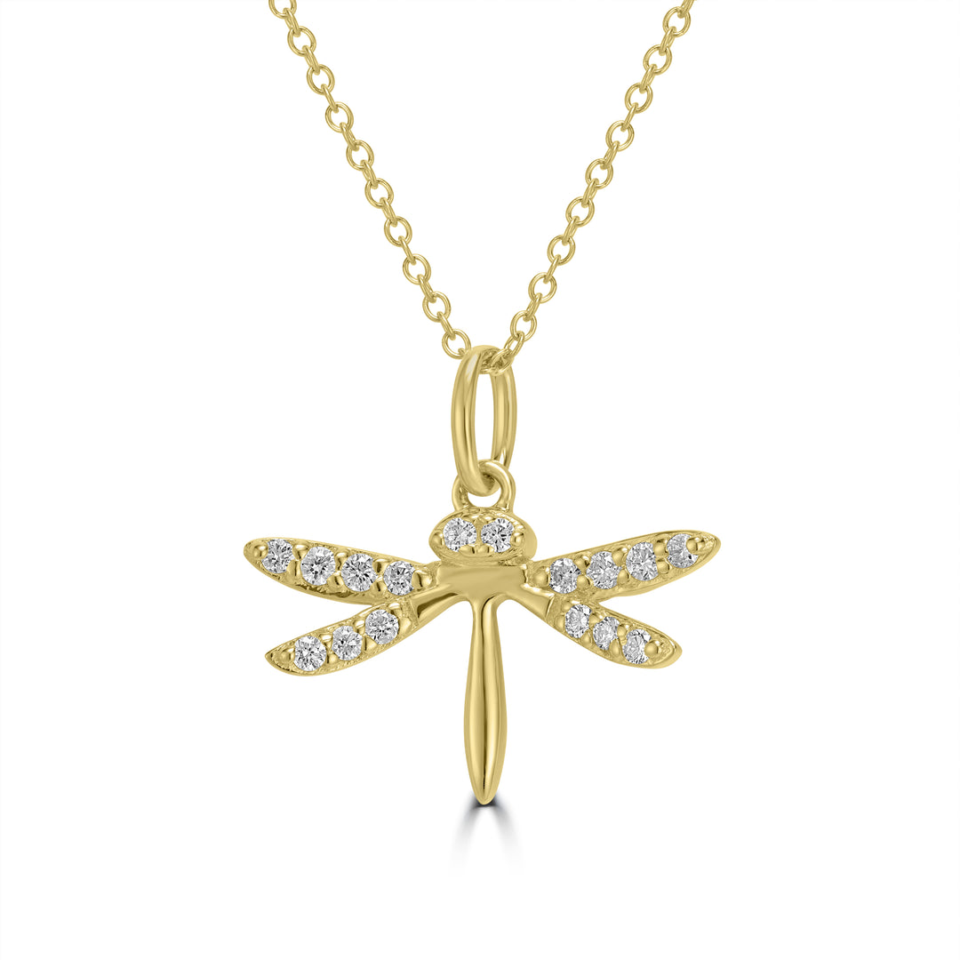 0.11 Cts White Diamond DRAGONFLY Pendant in 14K Yellow Gold