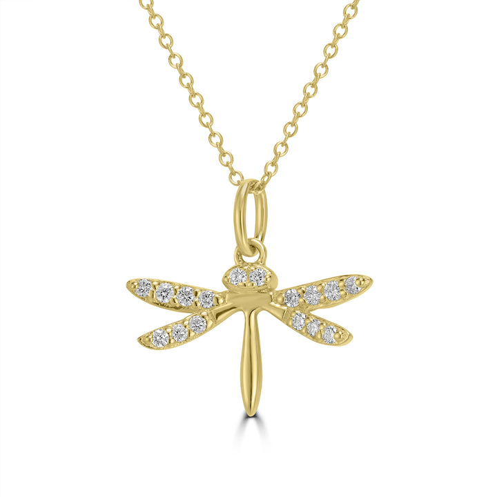 0.11 Cts White Diamond DRAGONFLY Pendant in 14K Yellow Gold