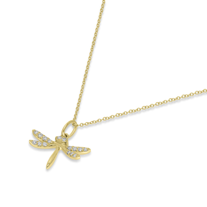 0.11 Cts White Diamond DRAGONFLY Pendant in 14K Yellow Gold