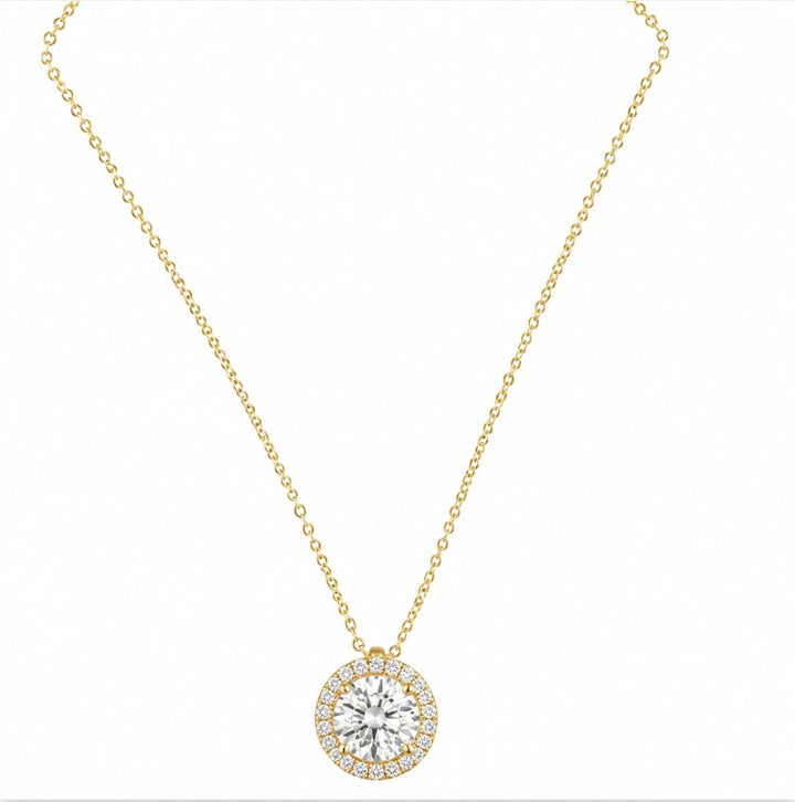 1.20 DEW Moissanite Halo Pendant in 925 Yellow Gold