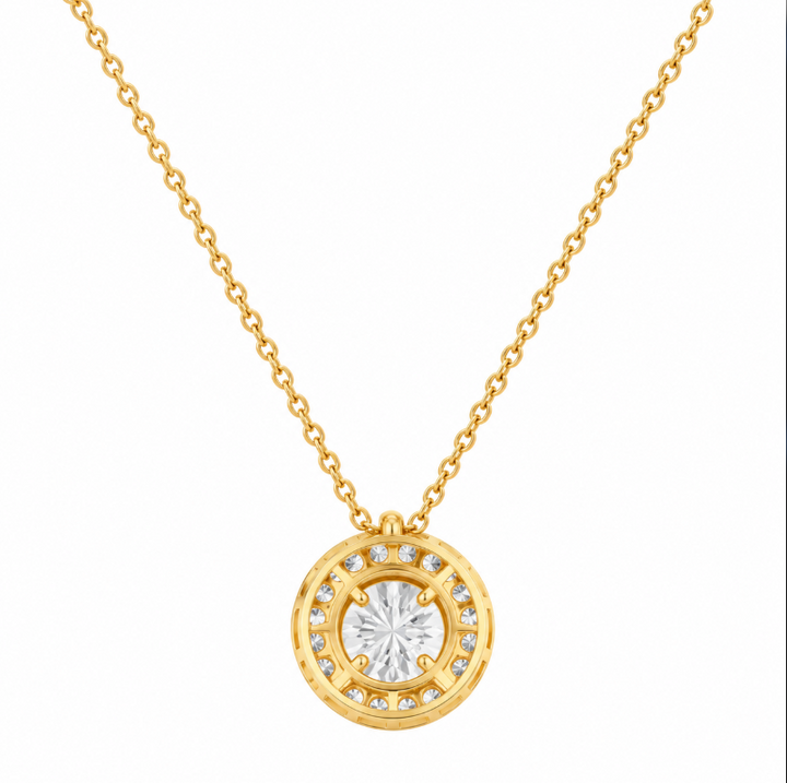 1.20 DEW Moissanite Halo Pendant in 925 Yellow Gold